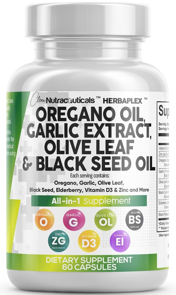 使用黑籽油加橄榄叶抽取的清洁努特拉奥雷根诺油 -- -- Oregano Capsules Immune的石油支持卡瓦科罗尔和Thymoquinone 女性和男性补充剂+长莓维生素D3和锌
