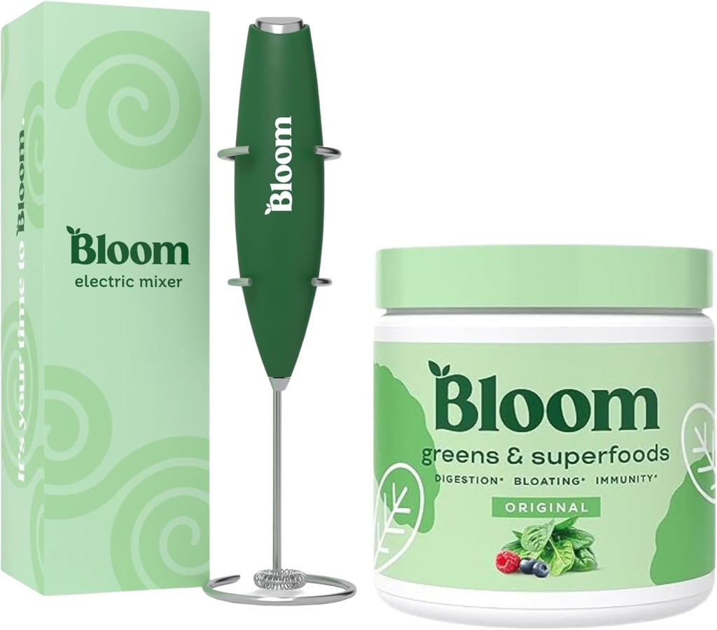 Bloom营养超食品绿皮粉,带有Probiotics和Prebiotics的消化酶,Gut健康,Bloating Relief,原型+牛奶 Frother 高功率手混合器