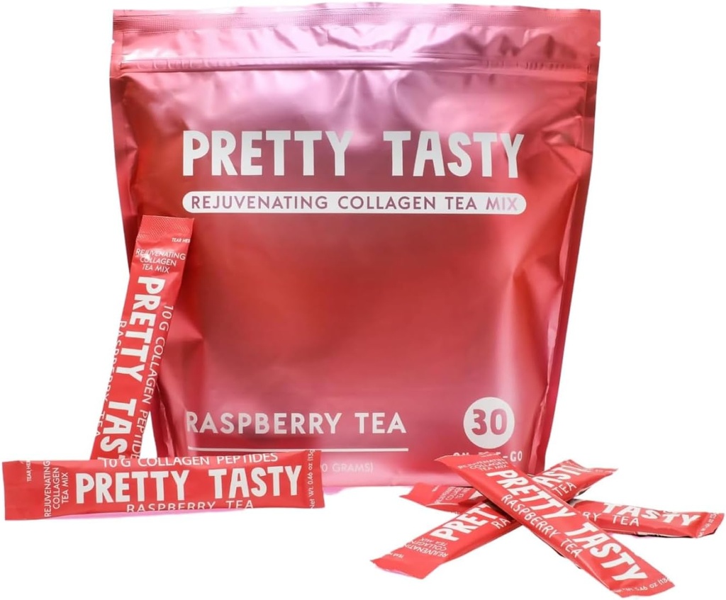 美味的Raspberry Radiance Collagen 茶 - 棒包邮袋,太阳吻的Raspberry Blend, 美丽与健康, 10g Collagen Peptides Mix, 30 Counter