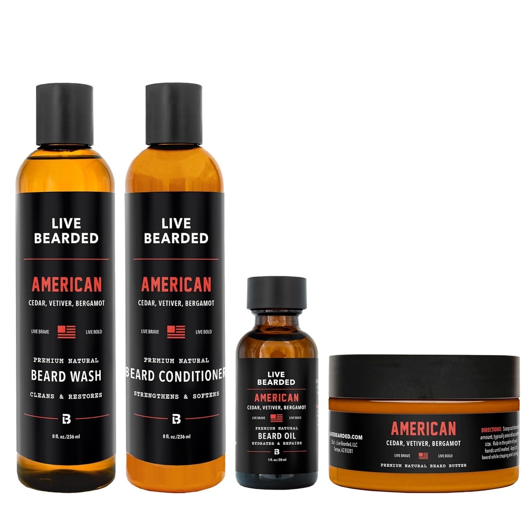 (原始内容存档于2018-09-21) (英语). Live Bearded Complete Beard Grooming Kit - Wash, conditioner, Butter and Oil - 在美国制造,配有全自然成份 - Mens Groom Set - 美式Scent - Cedar, Vetiver, Bergamot