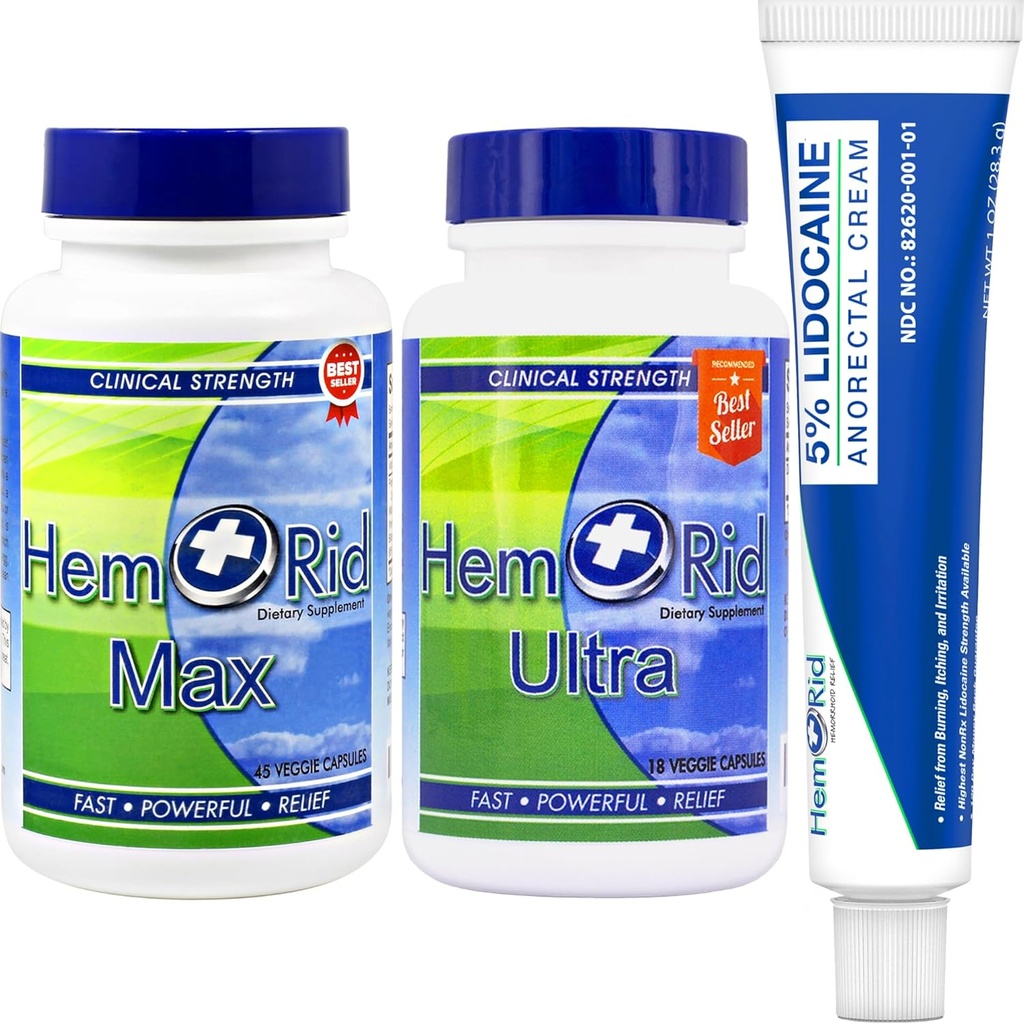 HemRid 完整的出血护理系统 — — 5%的利多卡因凝胶用于快速专题安慰, Max Ultra Capsules用于持续的血管健康和循环支持