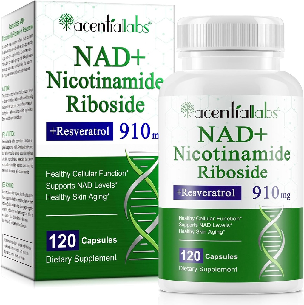 NAD补编,NAD Nicotinamide Riboside Resveratrol 910mg,健康细胞功能高纯度NAD补编,支持NAD水平健康皮肤老化饮食补编120 Capsules