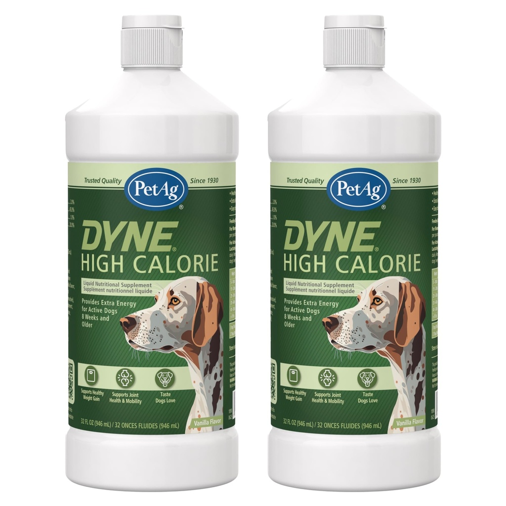 Pet-Ag Dyne High Calorie 狗和小狗8周和年长的液体营养补充剂 - 32 oz, pack of 2 - 支持性能和耐力 - Sweet Vanilla Flavor