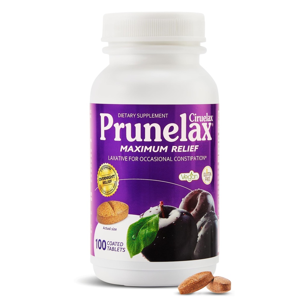 Prunelax Cirulelax 最大减速药片,附自然塞纳用于偶发便秘、塞纳提取、Vegan & Gluten-Free,Gentle Overnight Relief - 100ct