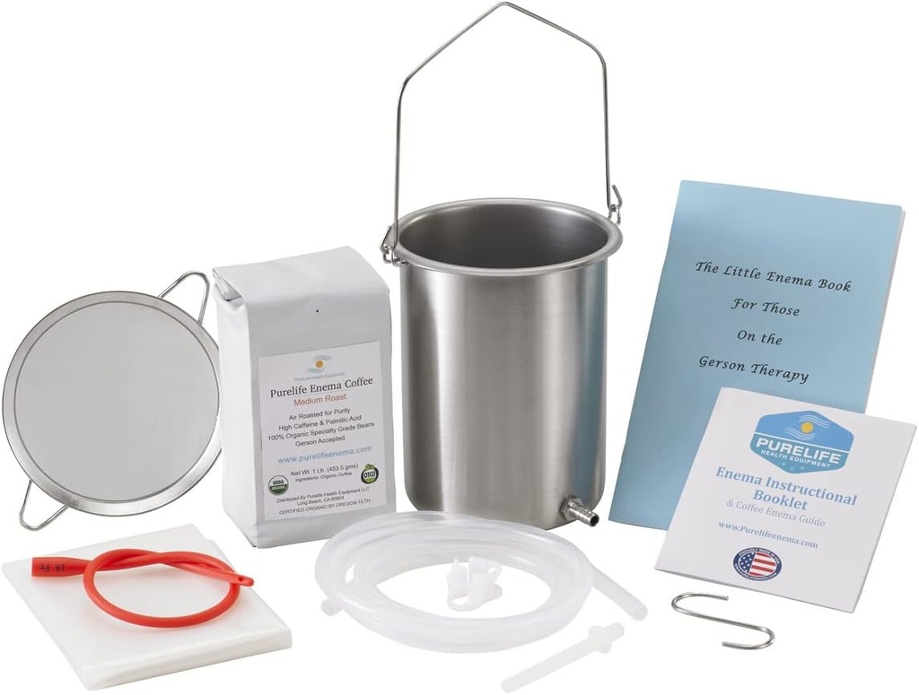 纯生命咖啡 Enema Kit在美国制造 - All You need Kit - 2 Qt美国无污钢 Enema Enema Bucket - 实验室测试有机Enema Coffee - Mold, Fungus, Mycotoxin Free - 1英镑 - Coffee Strainer