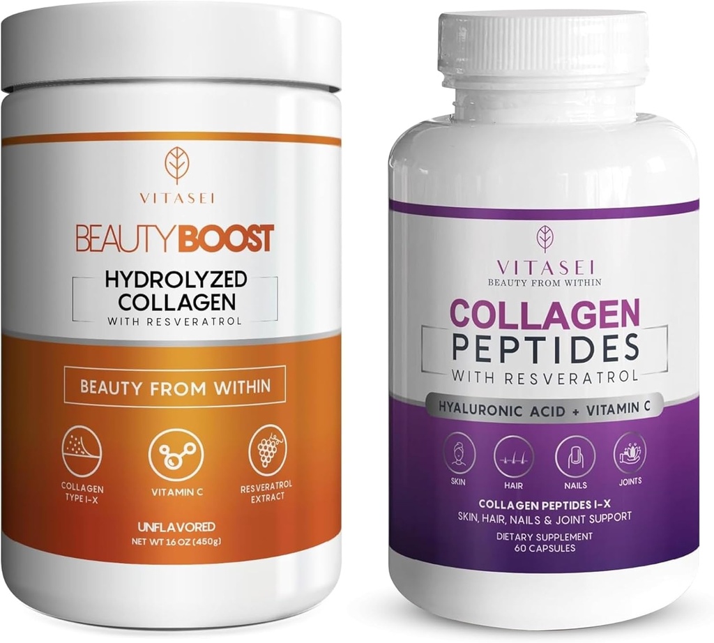 VITASEI Collagen Wellness Bundle – 水解Collagen Peptides Powder & Collagen Peptides Captsules 配有维生素C & Resveratrol – 支持头发,皮肤,钉子,骨头,和联合