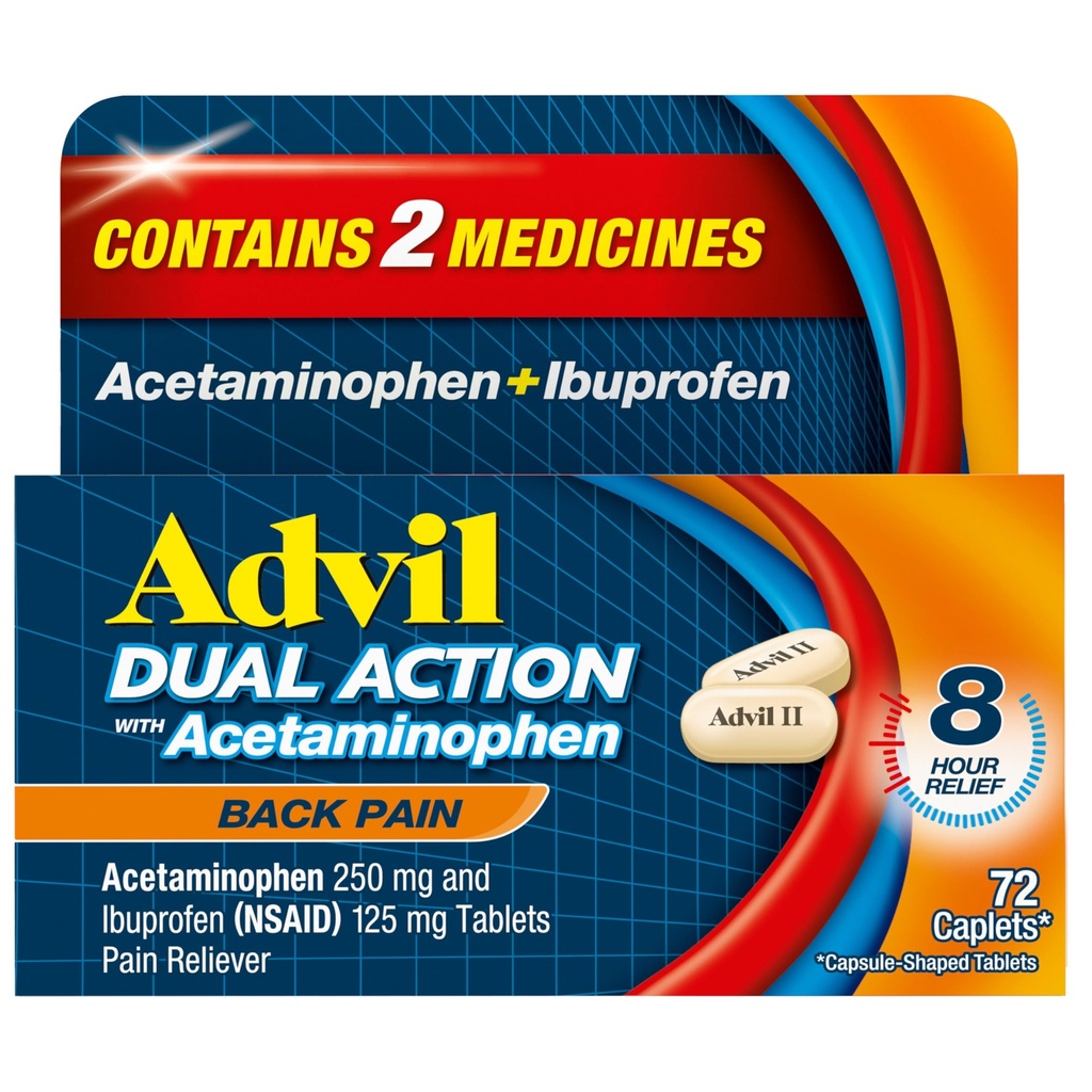 Advil Dual Action Back Pain Caplets 运送250mg Ibuprofen和500mg Acetaminophen Per Dose 8小时的背痛救济-72个计数