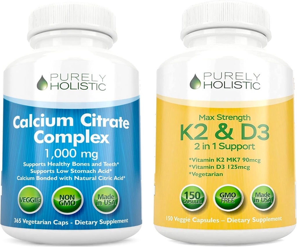 纯综合钙 细胞复合体1000mg + 维生素 D3 125mcg K2 MK7 90mcg - 365 Vegan Capsules + 150 Vegetarian Capsules Bundle - 在美国制造