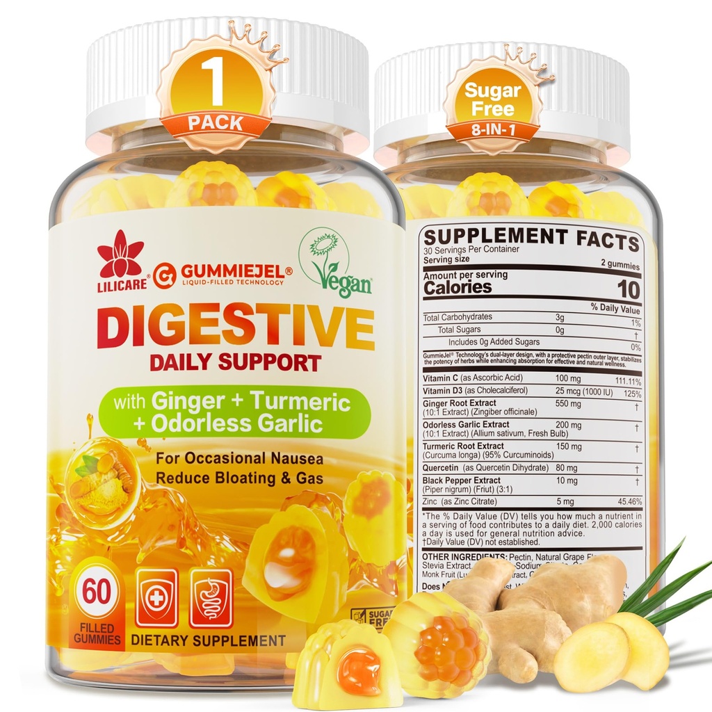 Ginger Chews Gummys for Nausea & Digestive Support, 胃部救济 -- -- 无糖与Turmeric & Odorless Garlic, Quercetin, 维生素D3, C, 美味Digestive Supplements, 60Cts (Pack of 1).
