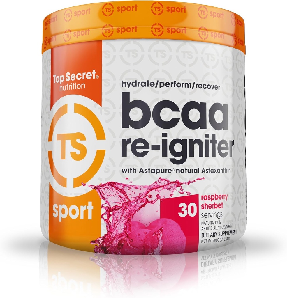 顶级秘密营养 BCAA Re-Igniter Vegan 氨基酸补充剂 与 Astaxanthin 和 电解液, 与椰水水水水合, 9.80 oz(30 service), Raspberry Sherbet