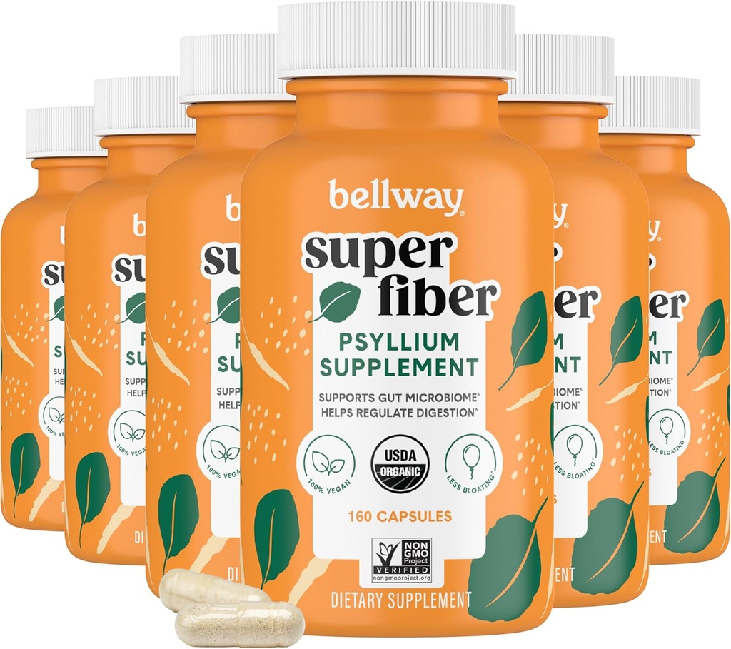 Bellway Super Fiber Capsules (6 Pack) - USDA 有机lium Husk Capsules - Daily Psyllium Husk Fiber 供消化健康和规律,植物基,非GMO,科舍 - 960 Capsules