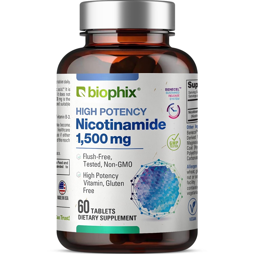 B-3 Nicotinamide 1500毫克 60毫克 最大强度 - Nicotinic Amide Niacin 天然无氟维生素配方 - 支持皮肤细胞健康