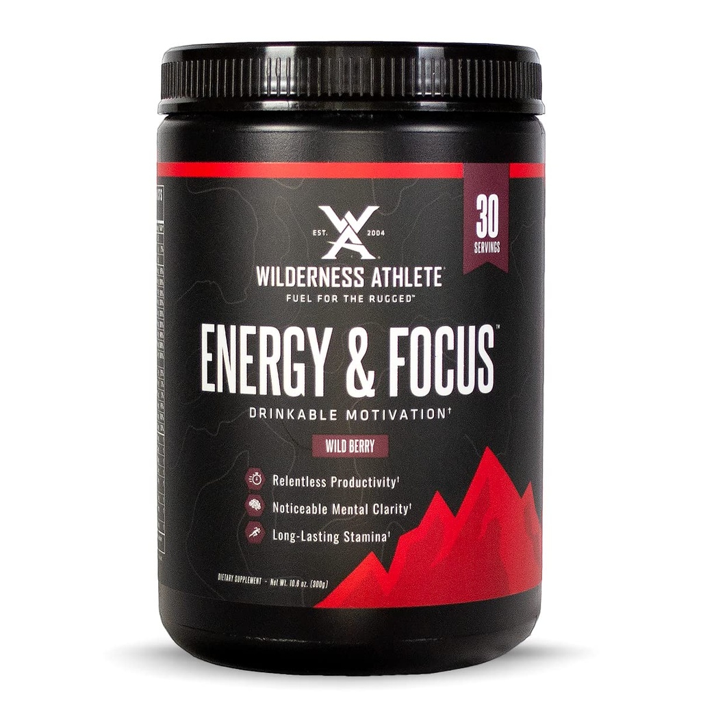 Wilderness Athlete - Energy & Focus 女性和男性能源预选赛 - Energy Power Drinking Mix with Natural Cafeine - 低卡,零糖 Wower - 30 servicting Tub (Wild Berry) (英语).
