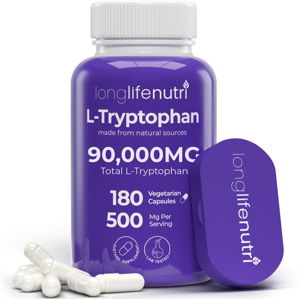 L-Tryptophan 500mg – 180 蔬菜 Capsules, 6-Month 供应,用于睡眠援助和木质稳定, 实验室测试, 在美国制造, 非GMO