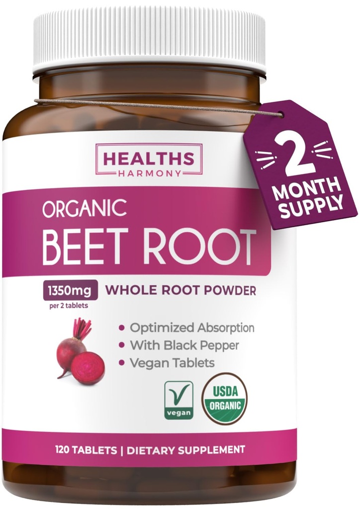 USDA 有机甜菜根粉(120片) 1350mg Beets Per 与黑胡椒一起供额外吸收-超抗氧化剂和硝酸盐补充剂,用于运动性能和Stamina- No Capsules