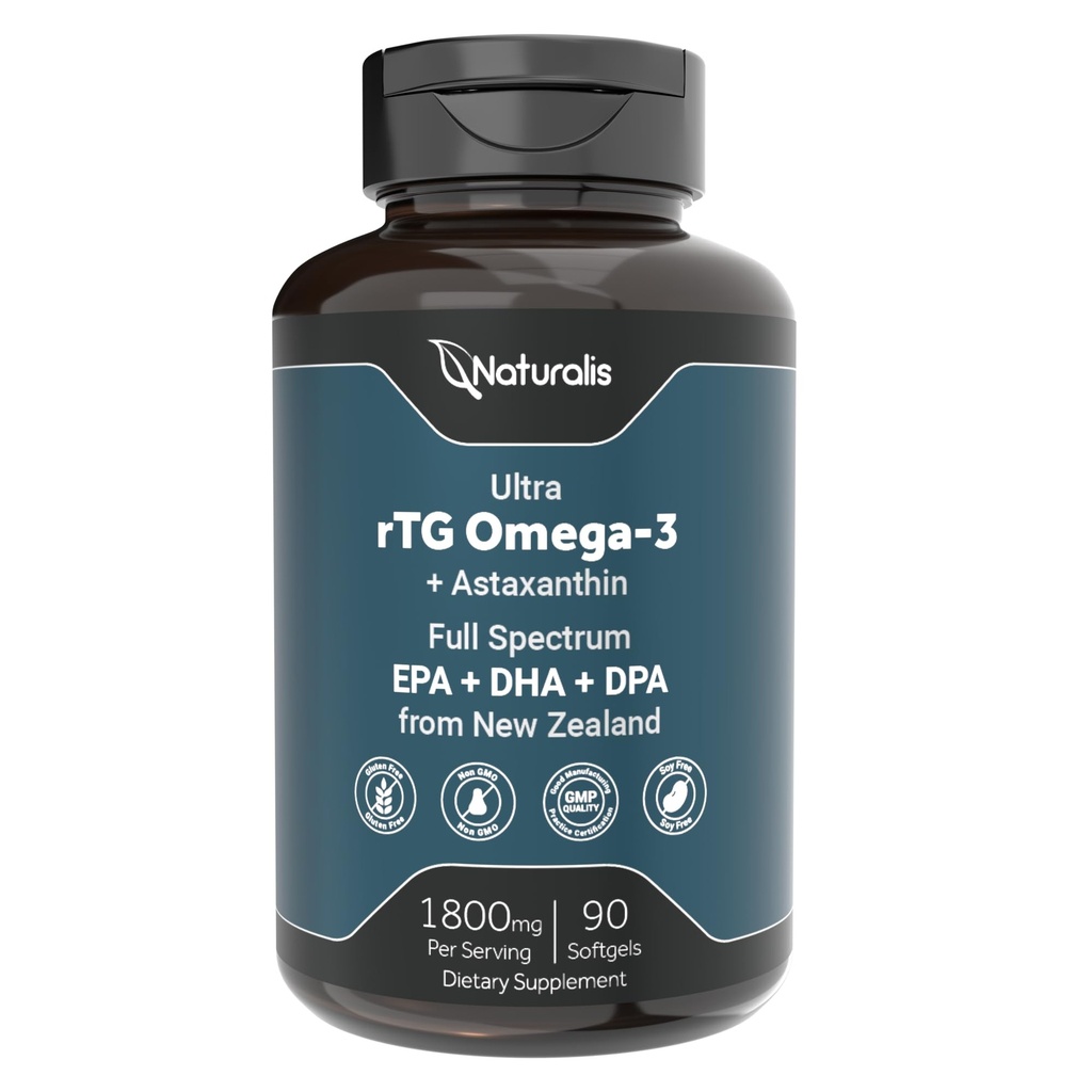 Naturalis Ultimate rTG Omega 3 来自新西兰野生金枪鱼的鱼油 1800毫克 - 全谱Omega3s EPA, DHA & DPA - 可持续来源,非GMO, Gluten Free - 90软胶