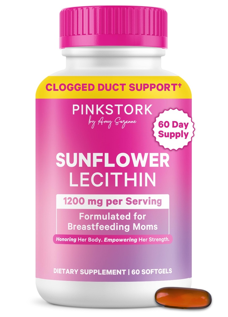 Pink Stork Sunflower Lecithin补充剂 - 1200 mg 用于堵塞的牛奶 Ducts - 产后哺乳必需品 - 支持母乳流动 - 60 软胶