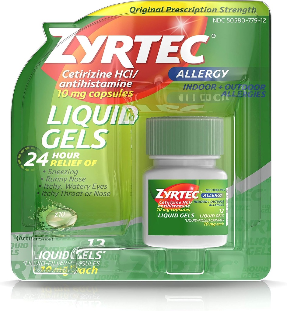 Zyrtec 24小时室内和室外过敏液体胶囊,全天过敏反应中含有氯胺酮的抗异胺卡普勒斯,12 cm(包2)