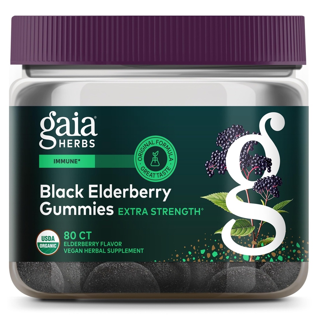 Gaia Herbs Black Elderberry (Sambucus Nigra) Extra Starge Gummies - 美味的免疫支持补编 - 用认证的有机黑色老年莓为免疫系统支持制作 - 80 Gummies