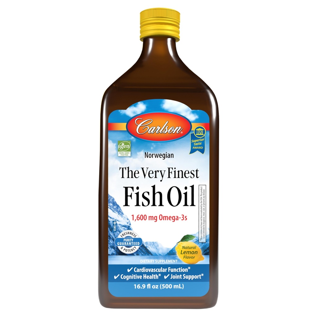 Carlson - The Very Fineest Fish Oil, 1600 mg Omega-3s, Liquid Supplement, 挪威语, Wild-Caught, 可持续来源, 柠檬, 16.9 Fl Oz.