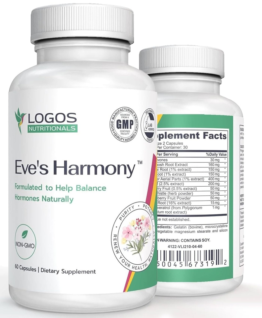 Eve的和谐月经补充,Hormone 支持女性与Soy Isoflavones, Black Cohosh & Red Raspberry, Non-GMO 自然 PMS & Menopausals 症状支持, 60 Capsules