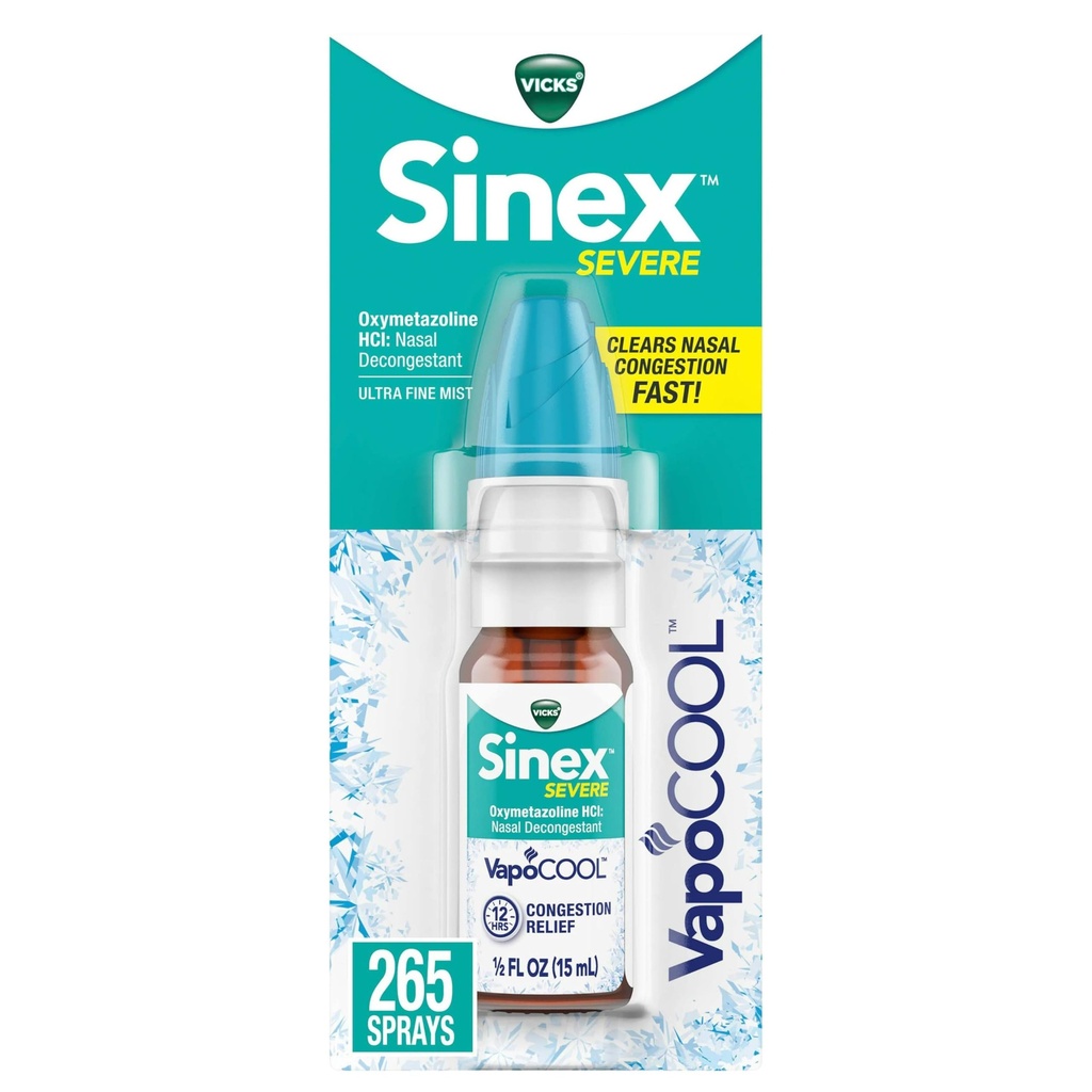 Vicks Sinex SEVERE NASAL SPRAY with VapoCOOL, Soothing Vicks VAPORS, Decongestant Medicine,因冷或过敏而从斯图菲鼻子中解药, & NASL摄入,辛纳斯压力解药,265喷雾