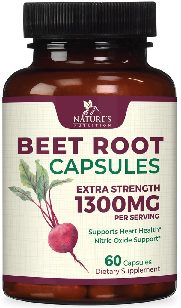 Beet Root Capsules 1300mg - 超强红蜂肉粉补充剂 – 支持硝氧生产,心脏健康和自然能源 – 非GMO,Vegan,Gluten Free – 60 Veggie Capsules