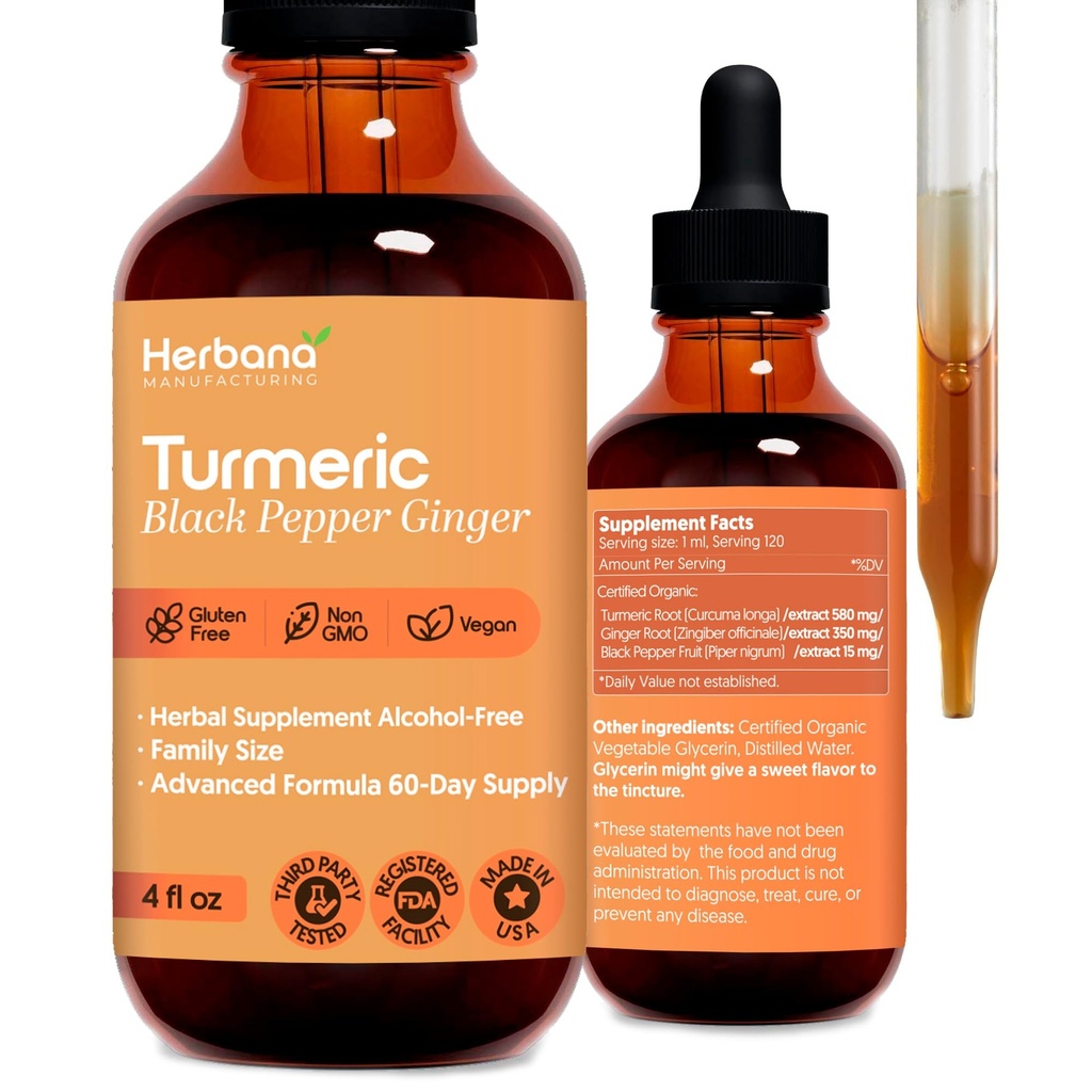 Turmeric 3-in-1 液体提取器 - Curcumin & Ginger, Black Pepper - 天然草药补充剂 - Immune and Brainboster Tincture (2 FL OZ)