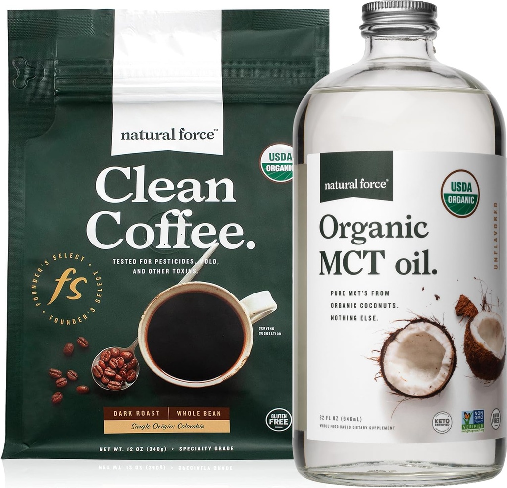 Natural Force Official Dark Roast Clean Coffee + 有机MCT Oil Bundle – 100%纯椰子 MCTs & Mold & Mycotoxin Free Coffee – 非GMO, Keto, Paleo,和 Vegan – 12 Oz和 32 Oz