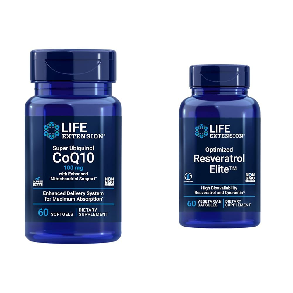 寿命延长 Super Ubiquinol CoQ10 60 软胶和优化 resveratrol Elite 60 蔬菜卡普尔斯包