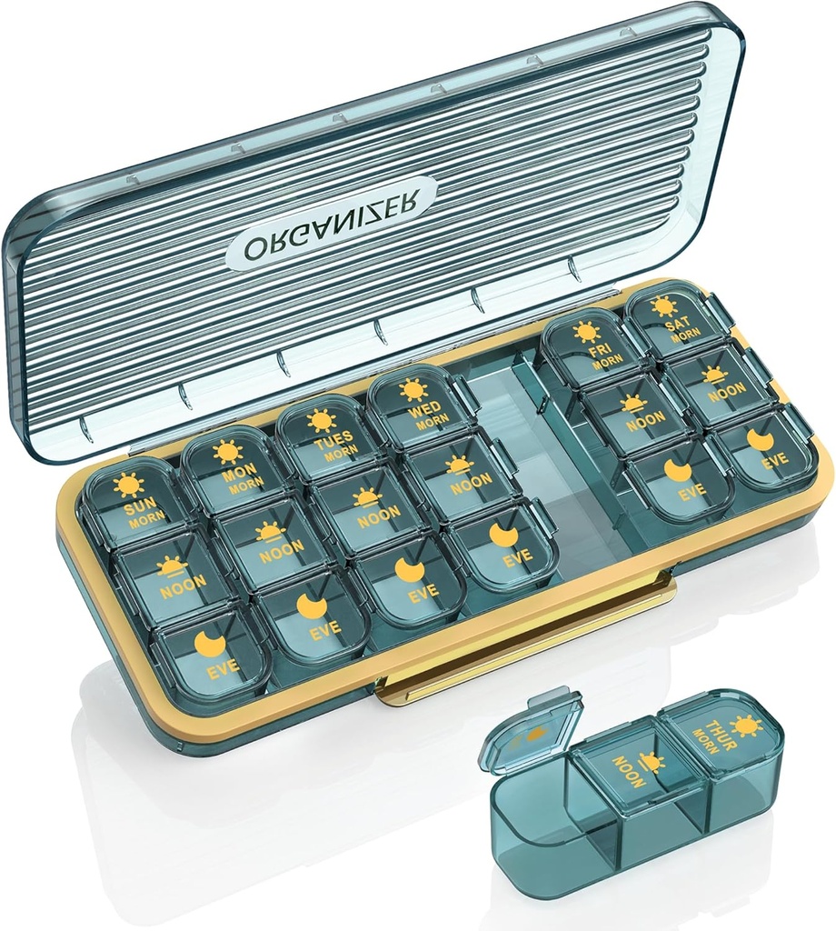 药丸组织者 3 Times A Day,7 Day Pill Box 3 Times Aday - Acedada Weekly Vitamin Box 组织者 7个单独的容器,便携式每日药品计划者案例 维生素鱼油补充剂,蓝色