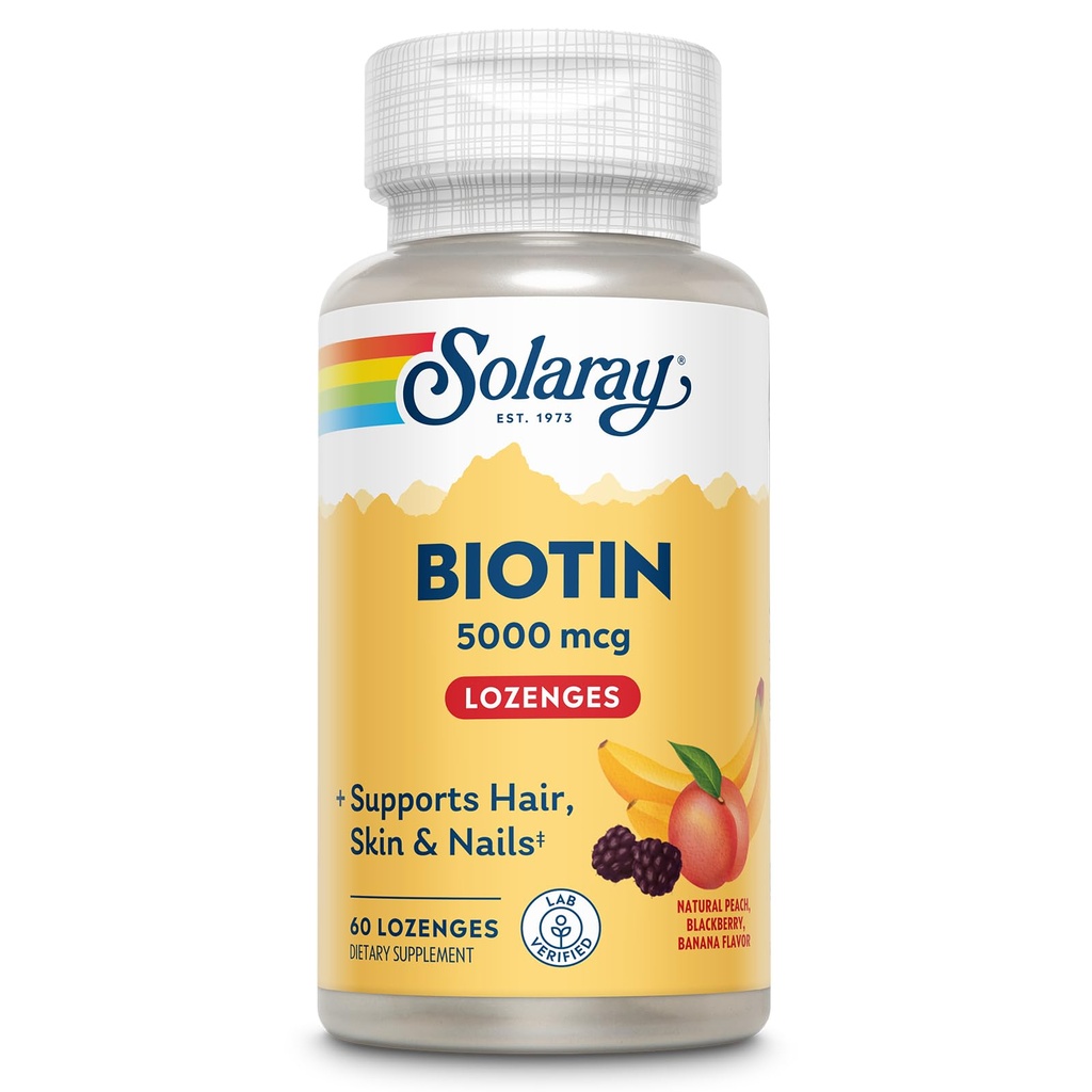 SOLARAY Biotin 5000 mcg 天然桃仁、草莓、香蕉香草 健康发型、皮肤和钉子支持 60 Lozenges