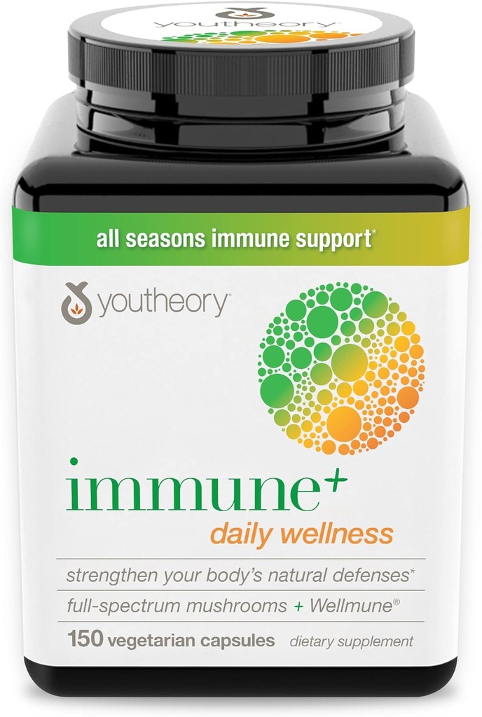 Youtheory Imune+ Daily Wellness - 有机蘑菇 - Beta Glucan - 维生素C,D3 & Zinc 150 植物帽