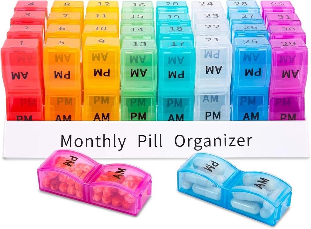Asprink月药丸组织者 每日2次,30天 一个月药丸盒 AM PM,31日药丸案例 小比较 持有维生素,旅行药品组织者,31日药丸组织者 每日2次