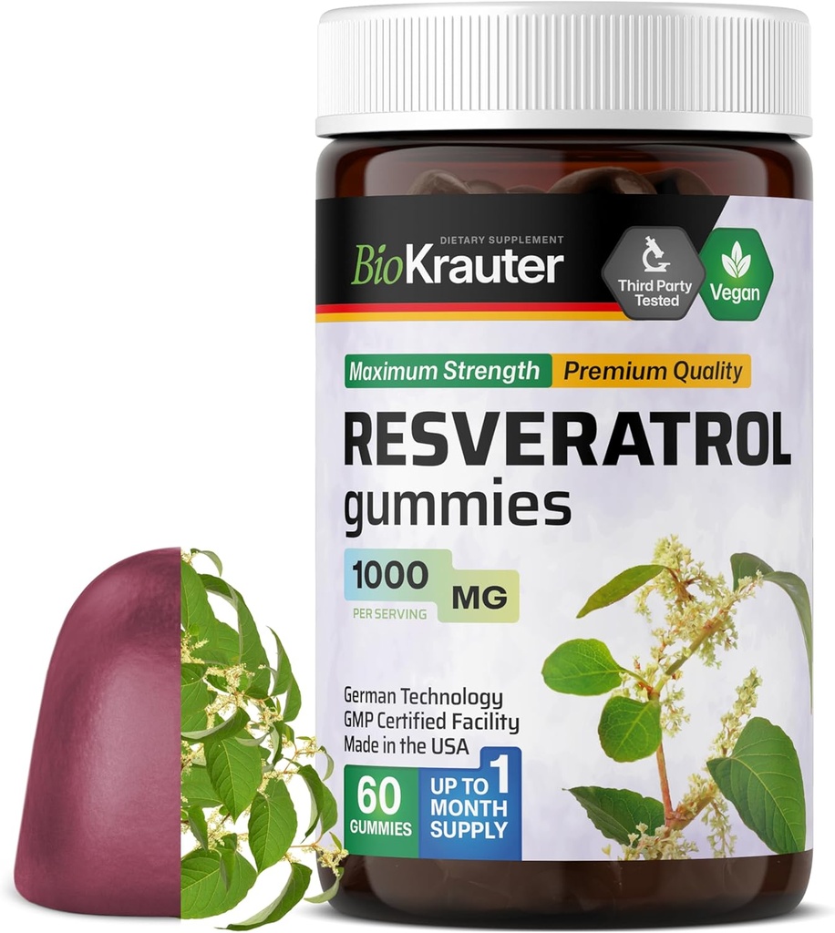 BIO KRAUTER Resveratrol Gummys - 1000 mg 强度 - 60 Vegan Chews - 98% 纯转录Resveratrol 补充 - 抗氧化剂支持