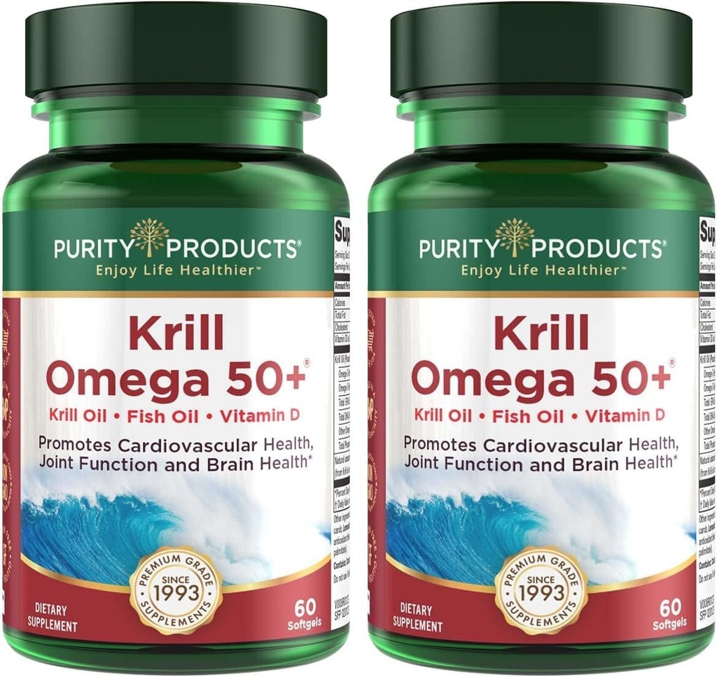 纯度产品Krill Omega 50(Krill + Fish Oil Blend 1000mg + Astaxanthin 500mcg + Phospolipids 200mg + 维生素D 500 IU) - 60 小型软胶(Pack of 2)