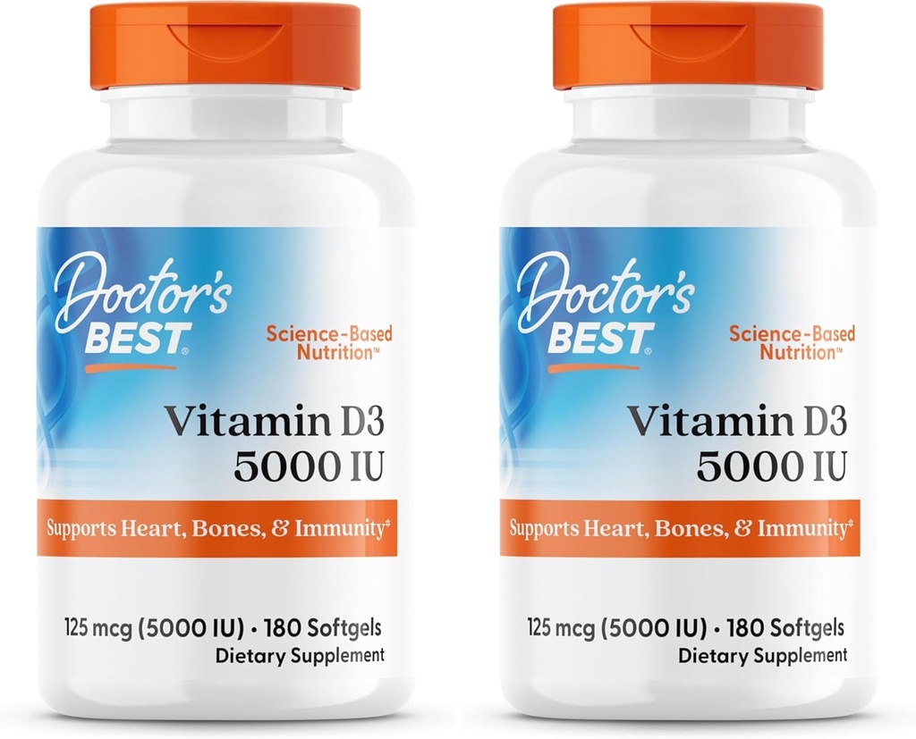 Doctor's BEST Vitamin D3 5000IU, Non-GMO, Gluten & Soy Free, Regulates Immune Function, Supports Healthy Bones, White, No Flavour, 180 Count (Pack of 2)