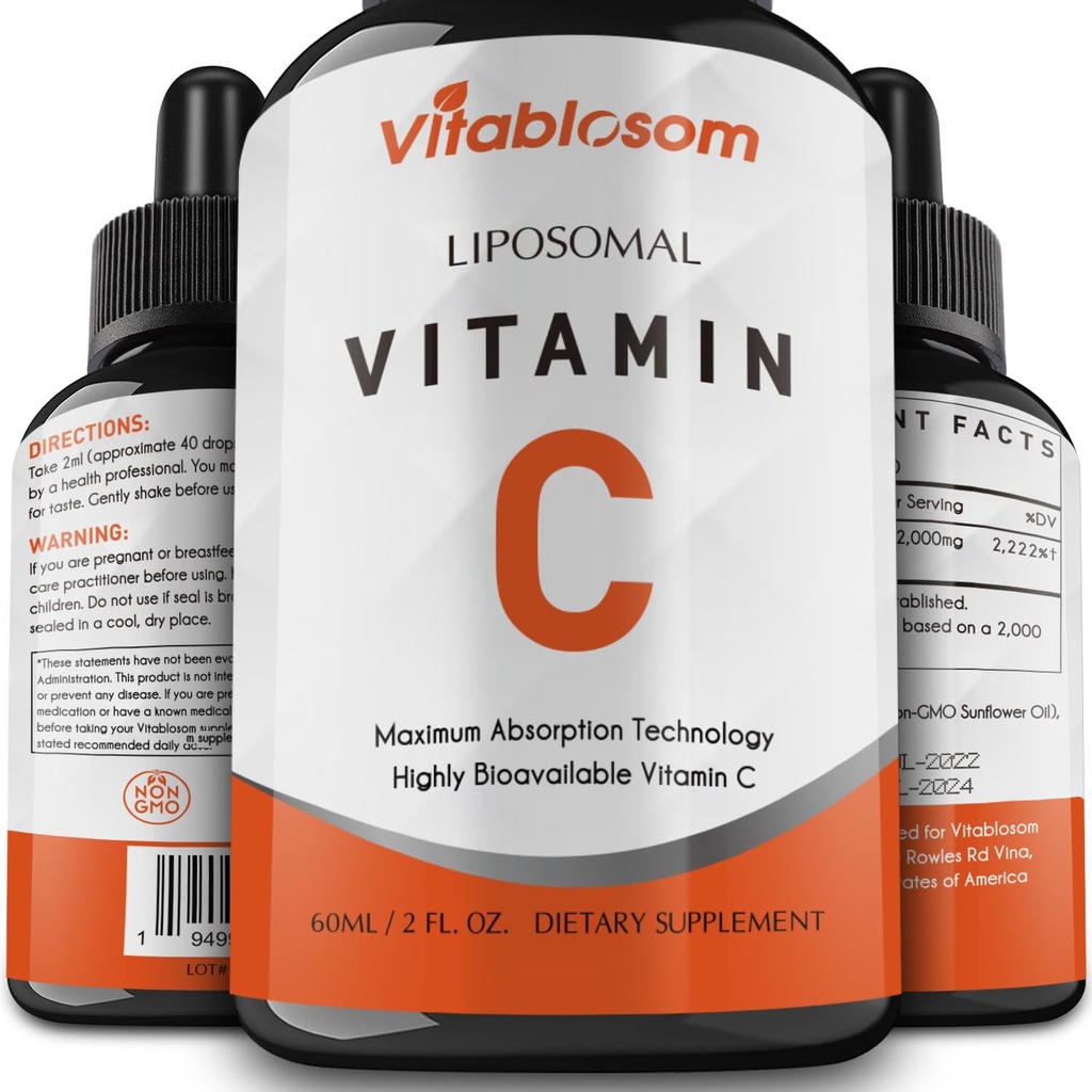 Liposomal维生素C 2000mg 成人液体,高吸收VIT C, 最大限度地增加维生素C, 免疫系统和抗氧化剂支持, 60ML(1瓶)