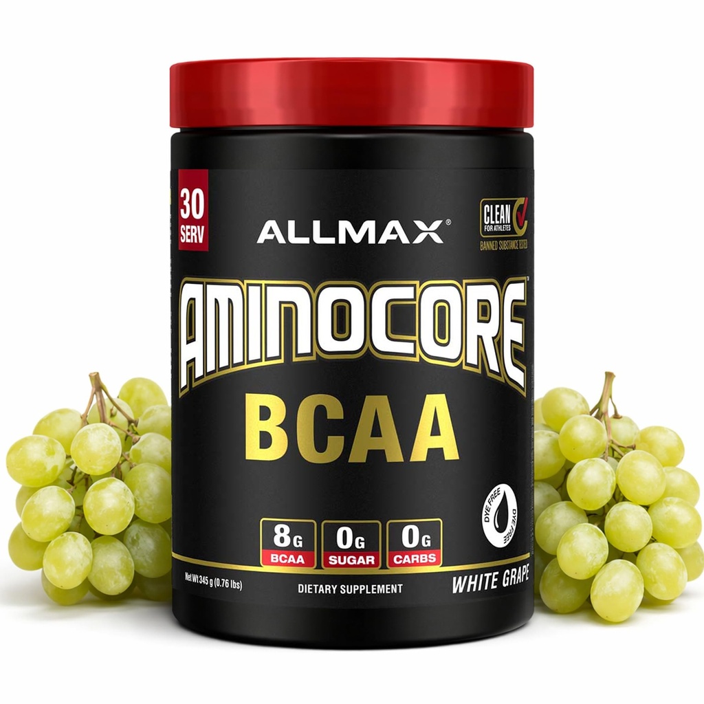 AllMAX 营养 AMINOCORE BCAA 粉末,8.18克氨基酸、室内和工作后恢复饮料,无胶水,白葡萄,315克
