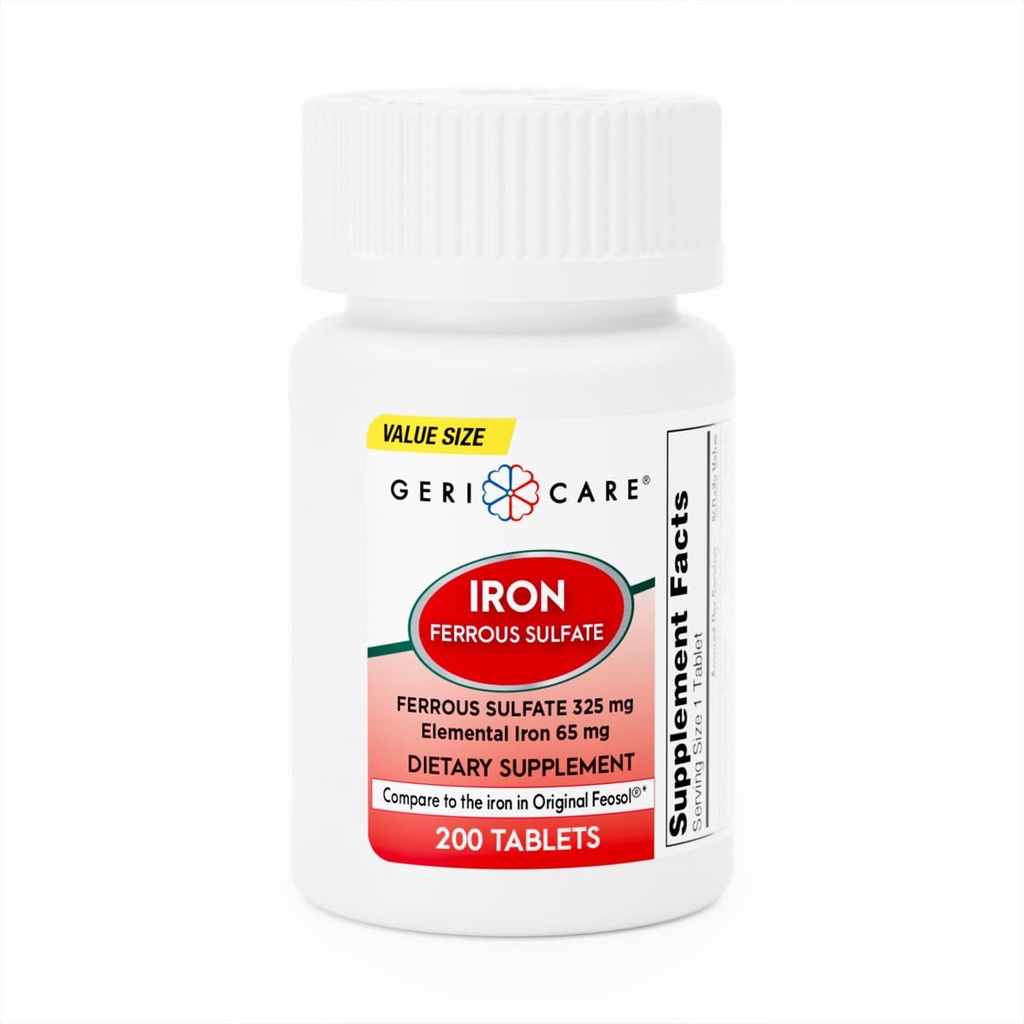 GeriCare Ferrous Sulfate Tables 325 mg, 元素铁 65 mg 高概率铁补充 QQ 饮食补充 200 Counter. (Pack of 1).