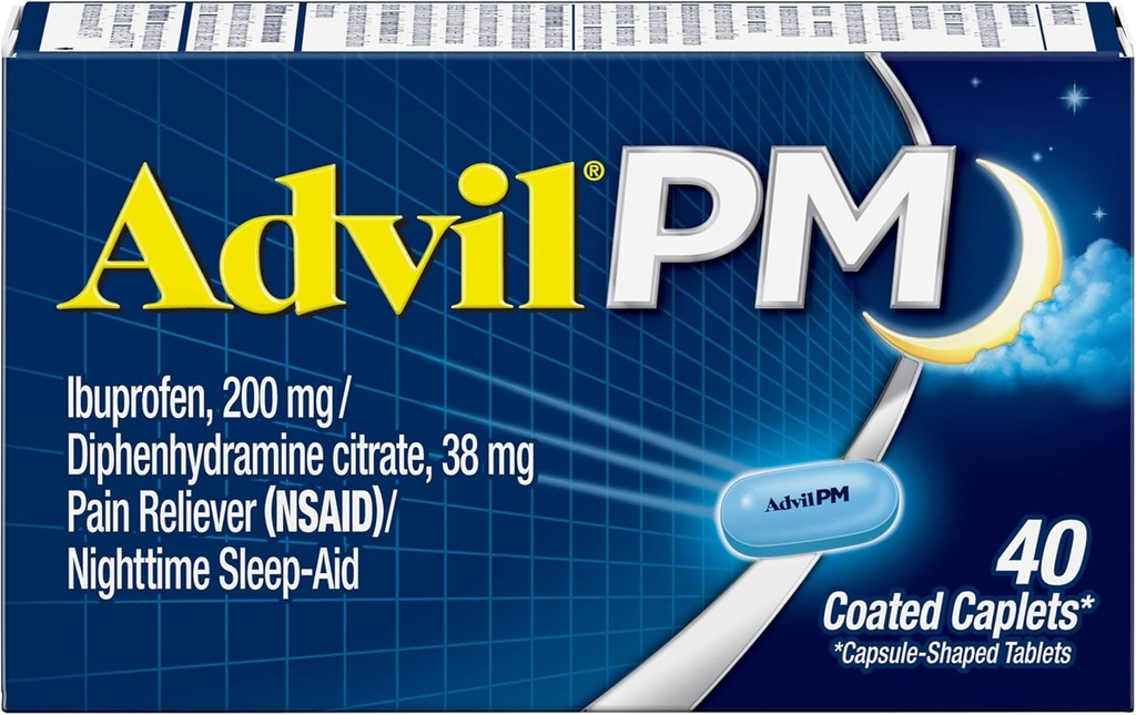 Advil PM(40 count, pack of 2) 疼痛救生剂 / 夜间睡眠援助 Coated Caplet, 200mg Ibuprofen 和 38mg 二苯胺 Citrate