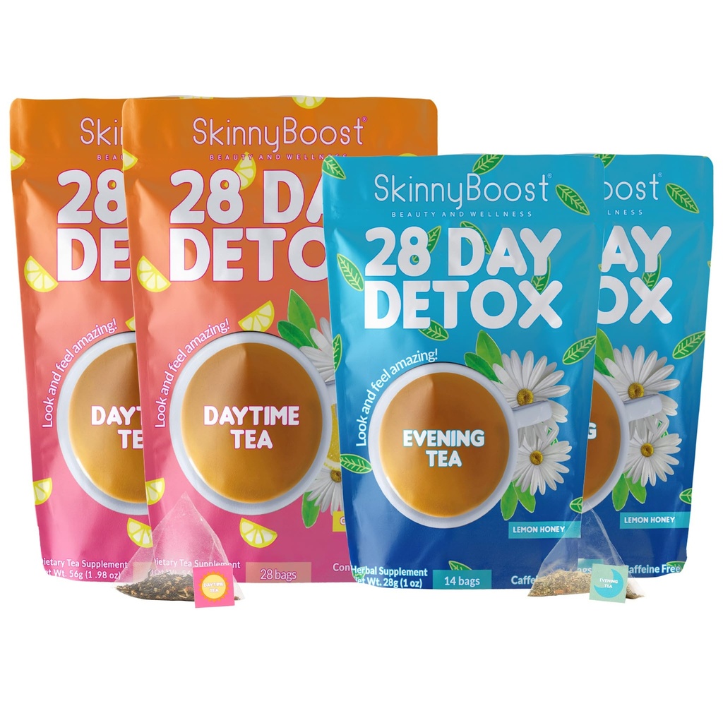 Skinny Boost Detox Tea Kit – 4 PACK – 2 Daytime Teas (56 Bags) 2-Evening Teas (28 Bags) – 草药 Detox for Weight,代谢,能源,Bloating & Colon Cleanse – 绿茶,Vegan,Keto,非GMO,无糖