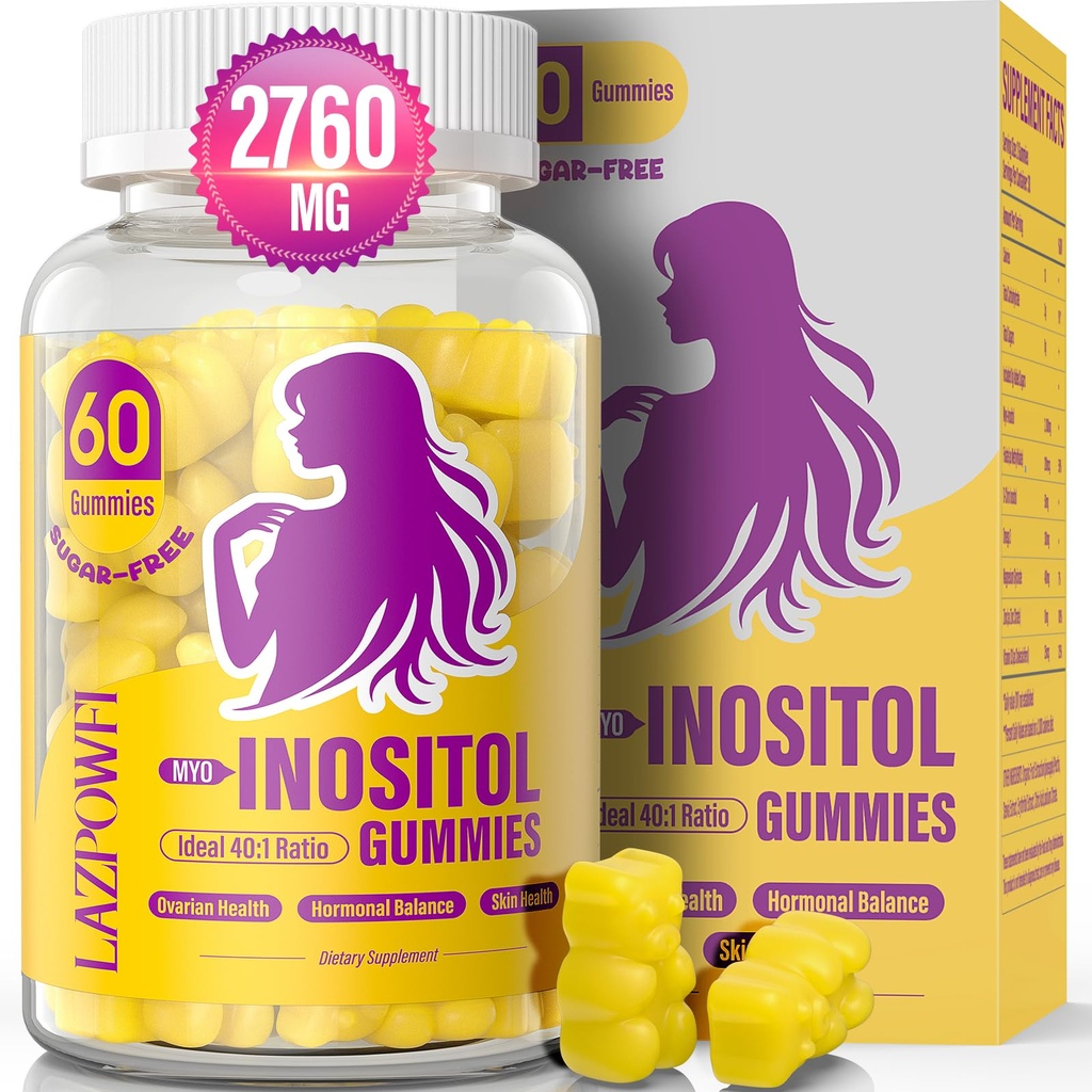 Myo-Inositol & D-Chiro Inositol, Inositol Gummys 配有维生素D3, 甘化镁, Omega-3, Folate & Zinc, Inositol 补充女性月经周期-40:1 比例-30日供应