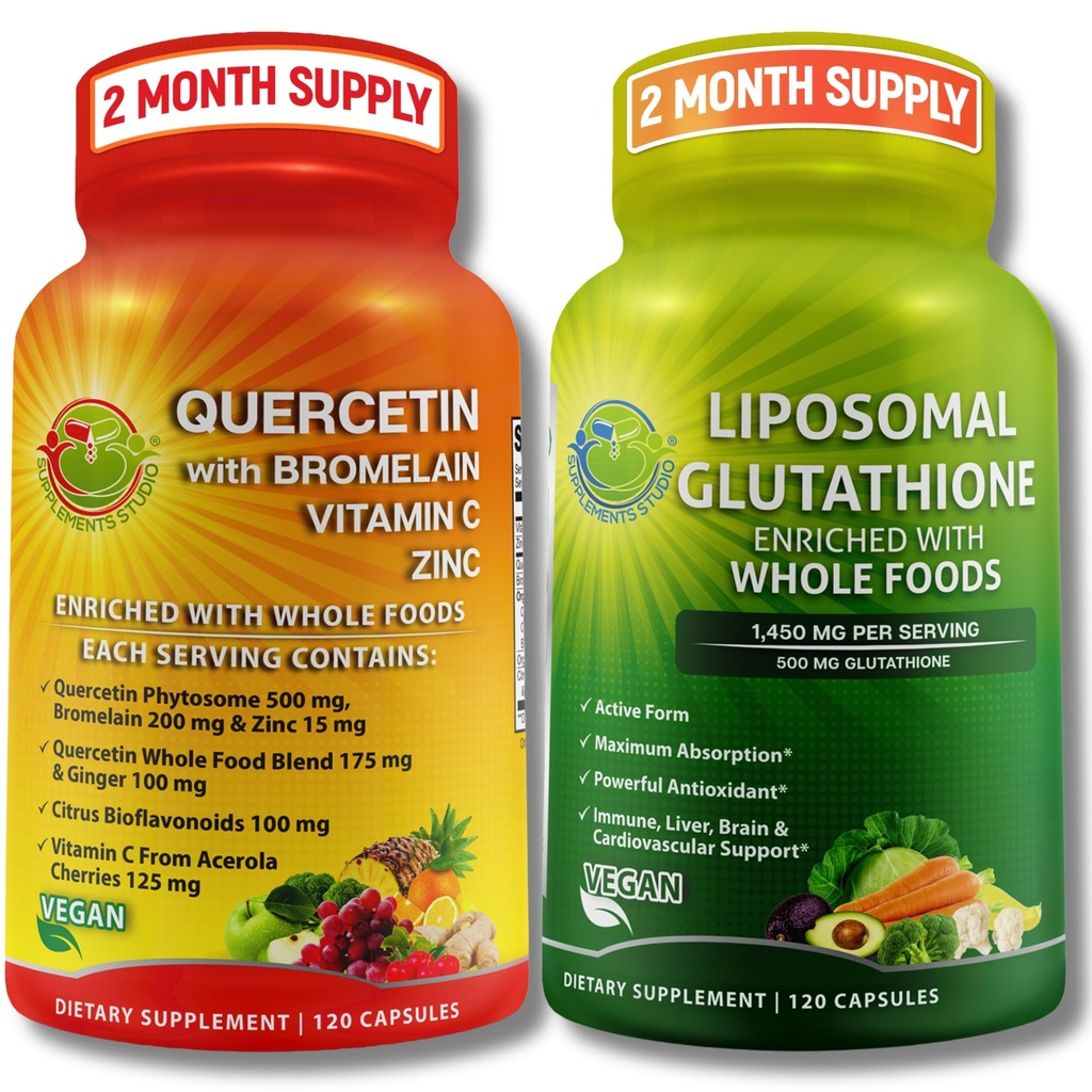 Immune & Cellular Support Bundle – Liposomal Glutathione 500 mg 配有全美食品 配有布罗梅兰的奎尔西丁,维生素C和锌全美食品综合体 — Vegan, 非GMO, 清洁日常健康支持