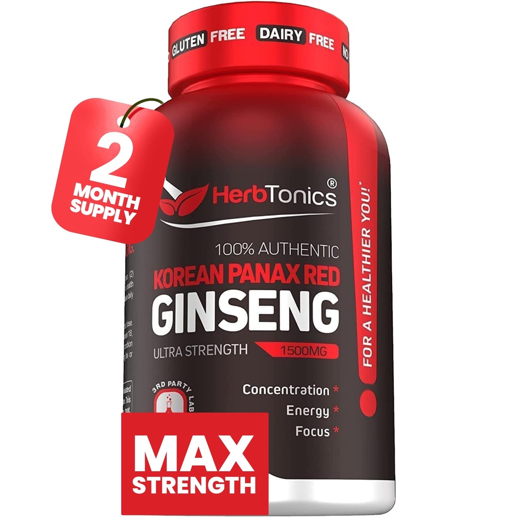 Herbtonics 韩红Panax Ginseng 1500mg - 峰值性能的能量补充,焦点和生命力 - 高概率 Ginseng根提取 - 120 Vegan Capsules