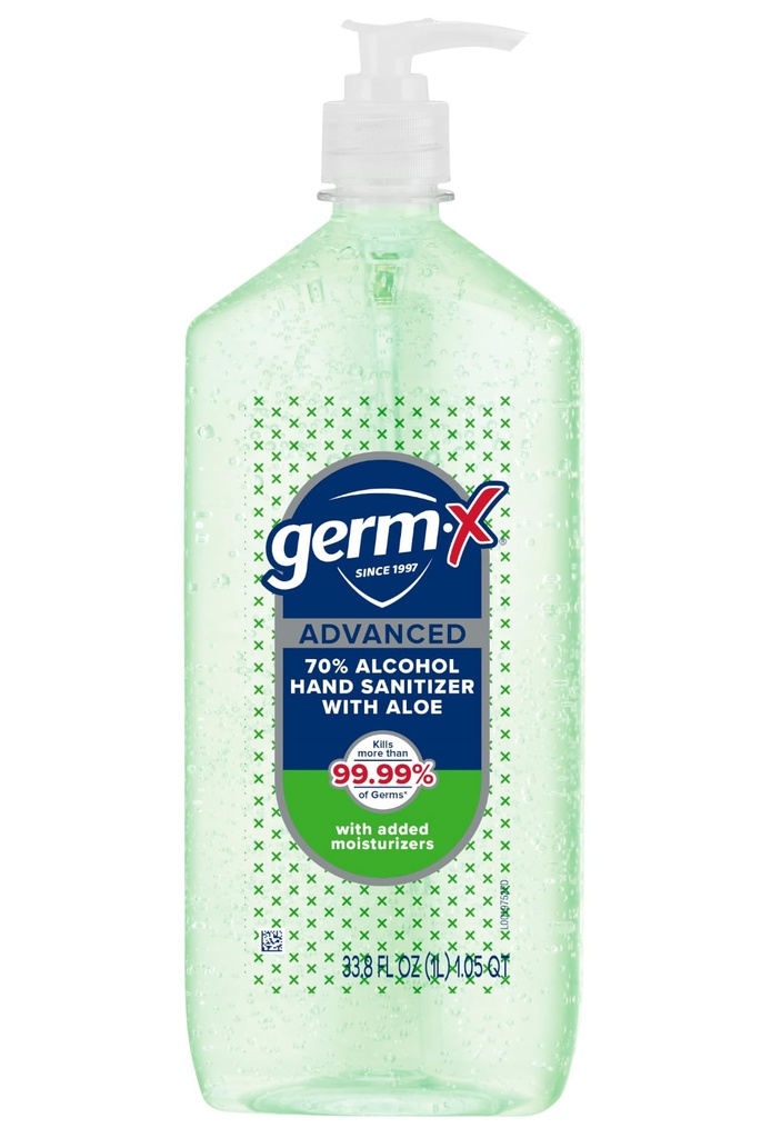 Germ-X 高级手卫生器,配有Aloe和维生素E、非干燥润滑剂Gel、即时和无润滑剂公式、泵瓶、返校用品、1升