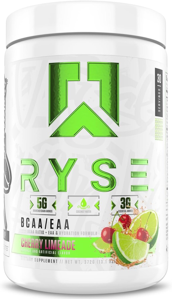 RYSE BCAA EAA 粉末 - Cherry Limeade - 5g 分支链氨酸,3g 基本氨基,用于前期和后期运动肌肉恢复、水分和强度的无糖电解剂 - 30种服务