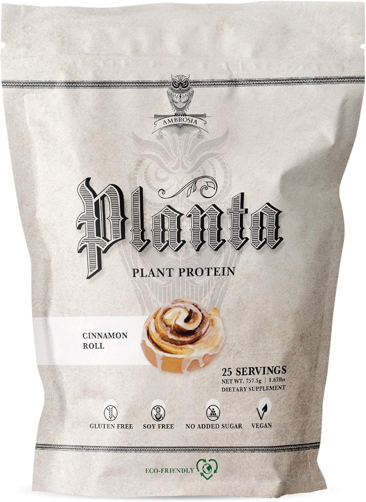Ambrosia Planta - Premium Planta - Premium 植物蛋白素 | Vegan & Keto 友好 | Gourmet Flavors with no bloating or Stomach upset | Gluten & Soy Free | 没有添加的糖 | 25 services | Cinnamon Roll