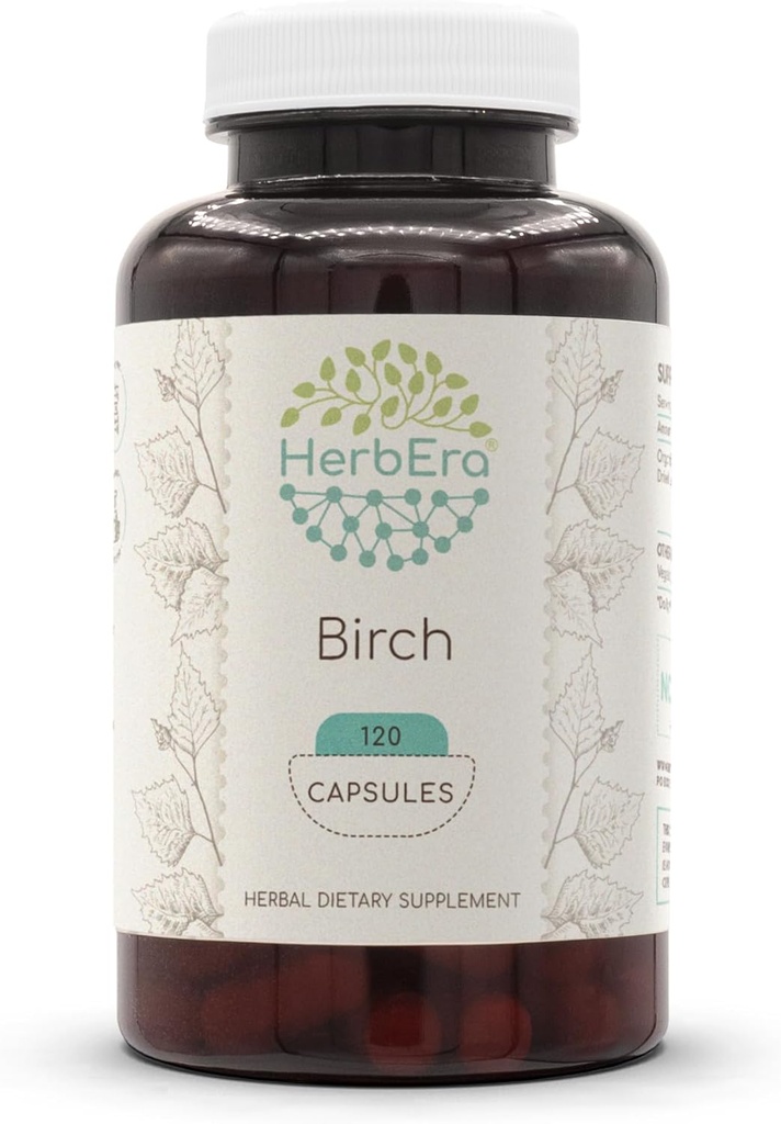 HerbEra Birch 120卡普尔,500毫克,用Birch(Betula Pendula)制成,干叶(120卡普尔)