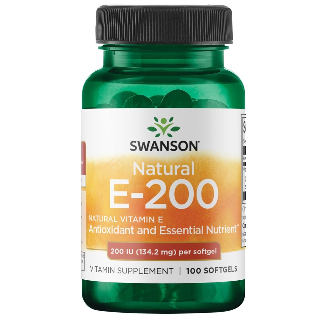 Swanson Natural Vitamin E - 支持心脏健康与组织保护的自然补充 - 基本营养物促进整体健康与健康 - (100软胶,200IU各)
